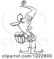 Clipart Of A Black And White Christmas Elf Holding Out A Gift Royalty Free Vector Illustration