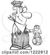 Clipart Of A Black And White Happy Train Engineer Man Holding A Lantern Royalty Free Vector Illustration