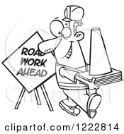 Clipart Of A Black And White Happy Construction Worker With Road Cones And A Sign Royalty Free Vector Illustration by toonaday