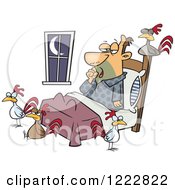Clipart Of A Tired Man With Chickens Around His Bed Royalty Free Vector Illustration by toonaday