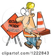 Happy Caucasian Construction Worker With Road Cones And A Sign
