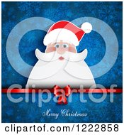 Poster, Art Print Of Merry Christmas Greeting With A Red Bow And Ribbon Under Santa Over Blue Snowflakes