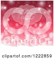 Clipart Of A Gradient Red And Pink Merry Christmas Greeting Over Flares Stars Bokeh And Snowflakes Royalty Free Vector Illustration