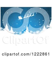 Santas Sleigh Flying Over Evergreen Trees And Snowflakes On Blue