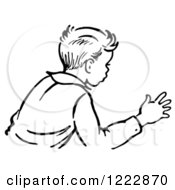 Clipart Of A Retro Boy Trying To Stop An Action In Black And White Royalty Free Vector Illustration