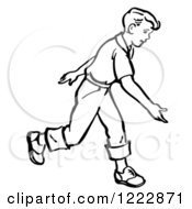Clipart Of A Retro Boy After Releasing A Bowling Ball In Black And White Royalty Free Vector Illustration