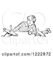 Clipart Of A Retro Boy Playing With Airplanes In Black And White Royalty Free Vector Illustration