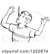 Clipart Of A Retro Boy Throwing Up His Arms In Black And White Royalty Free Vector Illustration