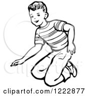 Clipart Of A Retro Boy Kneeling In Black And White Royalty Free Vector Illustration