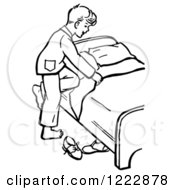 Clipart Of A Retro Boy Climbing Into Bed In Black And White Royalty Free Vector Illustration