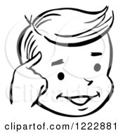 Clipart Of A Happy Retro Boy Touching His Temple In Black And White Royalty Free Vector Illustration