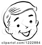 Clipart Of A Happy Retro Boy Face In Black And White Royalty Free Vector Illustration by Picsburg #COLLC1222884-0181