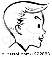 Clipart Of A Happy Retro Boy Face In Profile In Black And White Royalty Free Vector Illustration