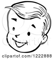 Clipart Of A Happy Retro Boy Face In Black And White Royalty Free Vector Illustration