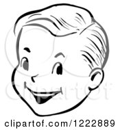 Clipart Of A Happy Retro Boy Face In Black And White Royalty Free Vector Illustration by Picsburg #COLLC1222889-0181