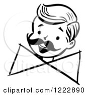 Clipart Of A Happy Retro Boy With A Mustache And Bow In Black And White Royalty Free Vector Illustration