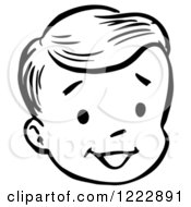 Clipart Of A Happy Retro Boy Face In Black And White Royalty Free Vector Illustration
