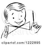 Happy Retro Boy Holding A Pencil In Black And White