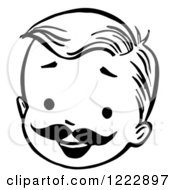 Clipart Of A Happy Retro Boy Face With A Mustache In Black And White Royalty Free Vector Illustration