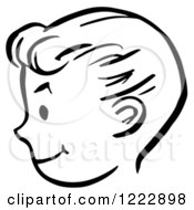 Clipart Of A Happy Retro Boy Face In Profile In Black And White Royalty Free Vector Illustration