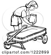 Poster, Art Print Of Retro Girl Putting A Bag In A Wagon In Black And White