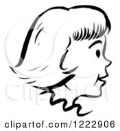Clipart Of A Happy Retro Girl In Profile In Black And White Royalty Free Vector Illustration