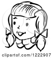 Clipart Of A Happy Retro Girl In Black And White Royalty Free Vector Illustration