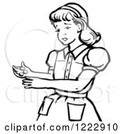 Clipart Of A Retro Girl Holding Coins In Black And White Royalty Free Vector Illustration