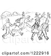 Poster, Art Print Of Retro Boys And Girls Running And Walking In A Park In Black And White