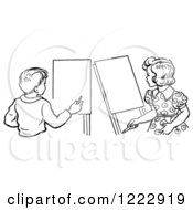 Poster, Art Print Of Retro Boy And Girl With Art Easels In Black And White