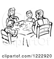 Clipart Of A Family Eating Supper At A Table In Black And White Royalty Free Vector Illustration