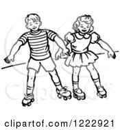 Poster, Art Print Of Retro Boy And Girl Roller Skating In Black And White