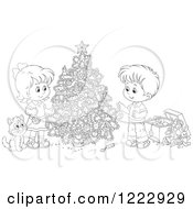 Poster, Art Print Of Outlined Cat Watching Children Decorating A Christmas Tree