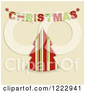 Clipart Of A Christmas Bunting Banner Over A Striped Tree On Corrugated Cardboard Royalty Free Vector Illustration