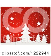 Poster, Art Print Of White Paper Trees And Snowman With Suspended Christmas Stars And Snow On Red
