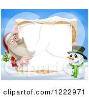 Poster, Art Print Of Santa Claus And A Snowman By A Sign In The Snow