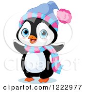 Poster, Art Print Of Cute Baby Penguin Waving And Wearing A Scarf And Hat