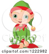 Clipart Of A Cute Happy Male Christmas Elf Sitting On The Floor Royalty Free Vector Illustration
