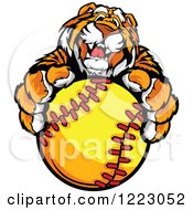 Friendly Tiger Mascot Holding Out A Softball