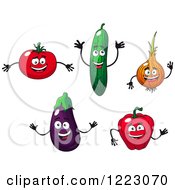 Clipart Of Happy Tomato Cucumber Onion Eggplant And Bell Pepper Characters Royalty Free Vector Illustration