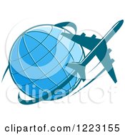 Poster, Art Print Of Blue Airplane Flying Around A Globe