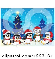 Clipart Of A Christmas Tree And Cute Penguins With Winter Accessories Royalty Free Vector Illustration