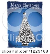 Poster, Art Print Of Merry Christmas Text Over A Black And White Tree Over Blue With Grunge Borders