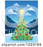 Clipart Of A Happy Christmas Tree With A Glowing Star Outdoors Royalty Free Vector Illustration