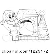 Poster, Art Print Of Outlined Santa Claus Pulling A Sack Through A Fireplace