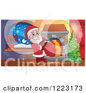 Clipart Of Santa Claus Pulling A Sack Through A Fireplace In A Living Room Royalty Free Vector Illustration by visekart