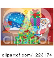 Poster, Art Print Of Santa Claus With A Stack Of Presents Behind A Christmas Tree