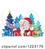 Poster, Art Print Of Santa Claus Waving And Carrying A Sack Over His Shoulder By Blue Trees