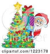 Poster, Art Print Of Santa Claus With A Stack Of Gifts Behind A Christmas Tree