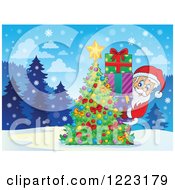 Poster, Art Print Of Santa Claus With A Stack Of Gifts Behind A Christmas Tree In The Snow